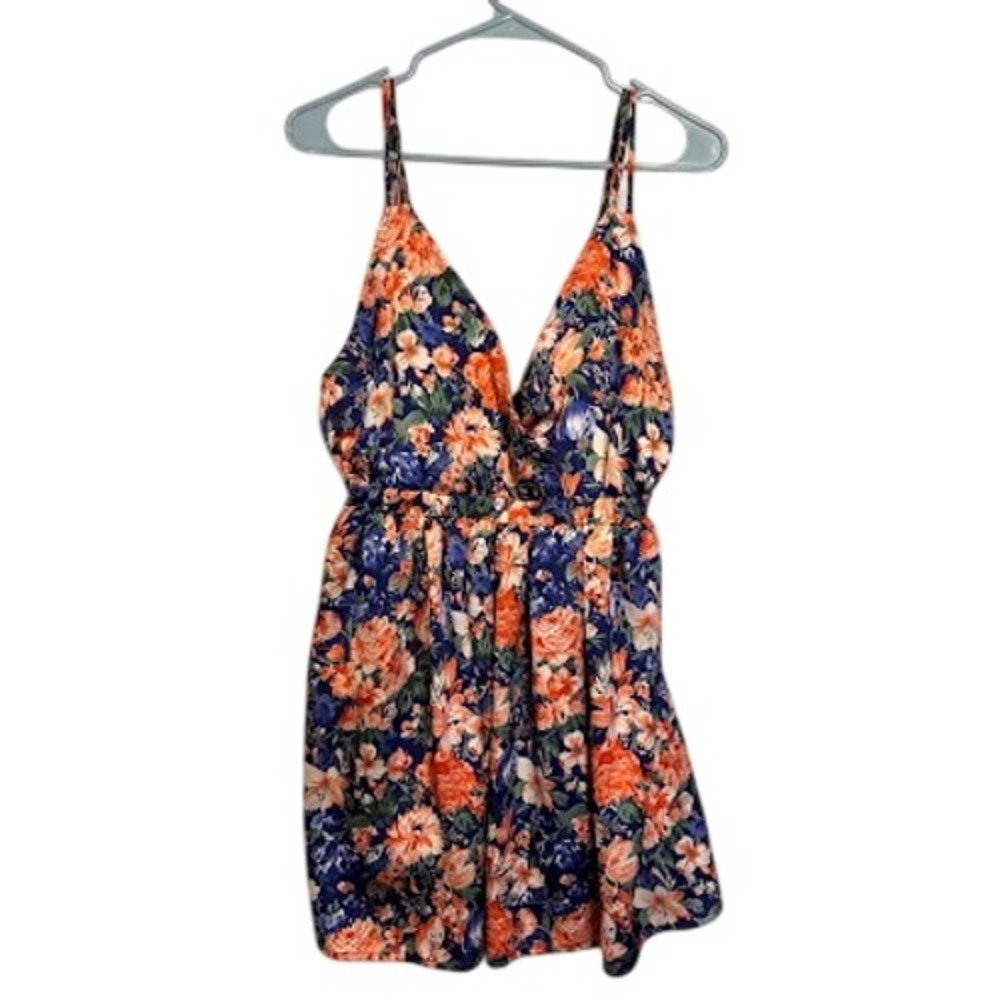 Inmod Los Angeles Womens Blue Orange Floral Satin Strappy Back Mini Dress Medium